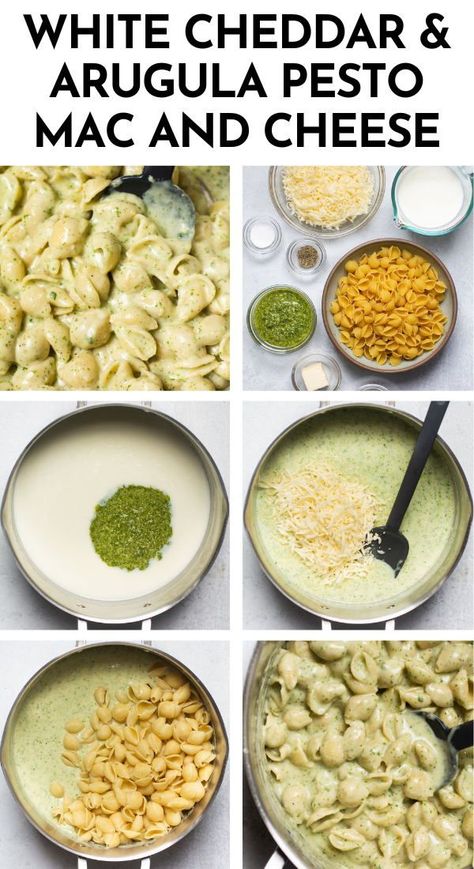 Pesto Mac N Cheese, Cheesy Pesto Pasta, Dishes With Pesto, Pesto Recipe Pasta, Quick Cheese Sauce, Cheese Pesto Pasta, Pesto Mac And Cheese, White Cheddar Sauce, White Cheddar Mac And Cheese