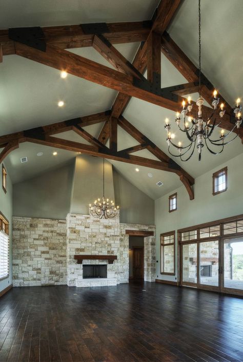 Limestone Fireplace, Exposed Beams, Pole Barn Homes, Wood Beams, Ceiling Beams, Douglas Fir, Barn House, Home Fashion, 인테리어 디자인