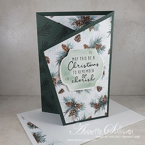 Angled Fold Card with Christmas to Remember – FREE Tutorial – Lavender Thoughts Trifold Christmas Cards Handmade, Arrow Fold Christmas Cards, Stampin Up Tri Fold Cards, Angled Tri Fold Card, Tri Fold Christmas Cards, Fun Fold Cards Tutorials Templates, Fancy Christmas Cards, Trifold Cards, Christmas Card Layouts