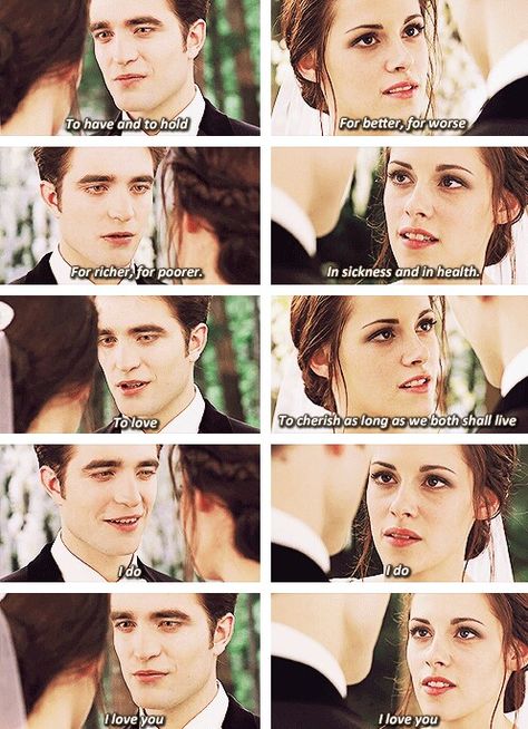 Bella and Edward saying their Wedding vows in breaking Dawn part 1 Bella And Edward Wedding, Twilight Saga Quotes, Twilight Quotes, Twilight Saga Series, Twilight Funny, Bella Cullen, Twilight Cast, Twilight Breaking Dawn, Twilight Edward