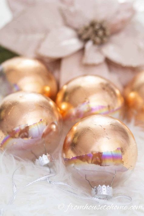 These DIY copper Christmas ornaments will add an elegant touch to your Christmas tree decorations this season. Click through to find out how easy they are to make, even if you are on a budget. #fromhousetohome #holidaydecor  #christmas #diychristmas #holidaysandevents Storage Christmas Decorations, Diy Metallic Ornaments, Diy Copper Ornaments, Gold Leaf Christmas Ornaments, Copper Christmas Ornaments, Forest Christmas Decor, Copper Christmas Decor, Farmhouse Bedroom Wall, Expensive Christmas