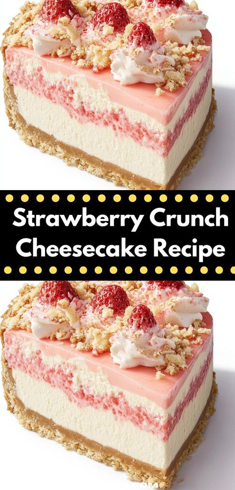 Looking for a sweet treat that’s a crowd-pleaser? This Strawberry Crunch Cheesecake Recipe offers a luscious blend of creamy cheesecake and fresh strawberries, perfect for holiday celebrations or everyday indulgence. Strawberry Crunch Cheesecake, Cheesecake Base, Christmas Brunch Ideas, Crunch Cheesecake, Strawberry Crunch Cake, Strawberry Crumble, Strawberry Cheesecake Recipe, Strawberry Crunch, Strawberry Things