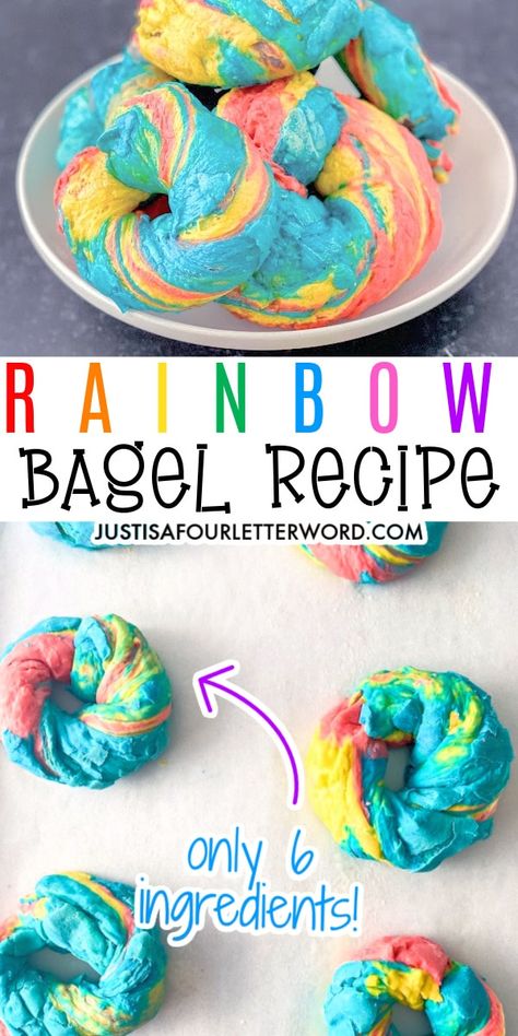 Rainbow Bagels Recipe, Rainbow Bagel Recipe, Tie Dye Food, Rainbow Bagel, Rainbow Bagels, Rainbow Bread, Bagel Recipe Easy, Bagels Recipe, Springtime Recipes