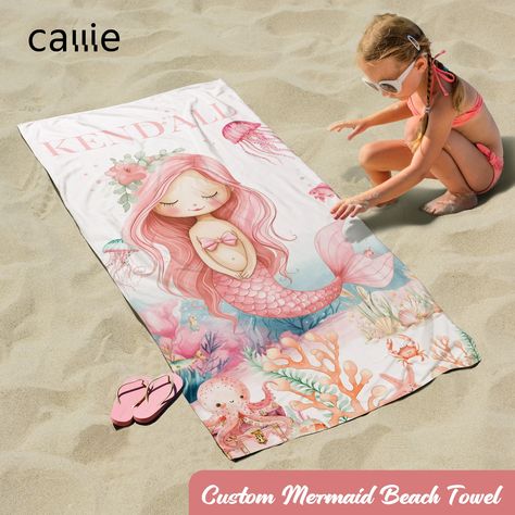 Beach Vacation Accessories, Mermaid Kids, Vacation Accessories, Mermaid Beach, Kids Beach, Personalized Beach Towel, Kids Beach Towels, Cute Mermaid, Summer Refreshments