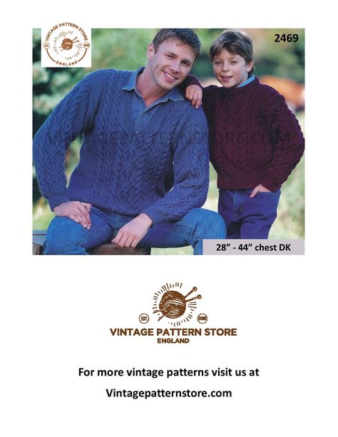 Mans boys, v or crew neck, cable and texture sweater jumper in DK - 28" - 44" chest - Vintage PDF Knitting Pattern 2469 Family Sweater, Aran Cardigan, Aran Knitting Patterns, Sweater Knitting Pattern, Jumper Knitting Pattern, Knit Vest Pattern, Jumper Patterns, Family Books, Vintage Knitting Patterns