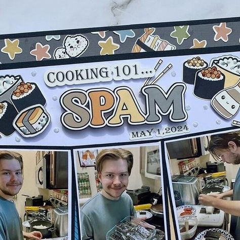 This Chick Loves Paper on Instagram: "Creating unforgettable moments in the kitchen on a cozy Sunday Funday! My little man mastering the art of making spam masubi with me - these moments are truly priceless! 🍙💙 This scrapbook page is an oldie (one of the first I made) but it holds a special place in my heart! I love that he wants to learn my recipes!! Let it inspire you to cook and craft with your little ones too!   ✨ #FamilyCooking #SundayFunday #KitchenAdventures #ScrapbookInspo #MakingMemories #CookingWithKids” #FamilyDinnerDay #CookingWithKids #SundayFunday #ScrapbookMemories #MomAndSonTime #HomeCooking #BondingOverFood #scrapbooking #scrapbooklayout #12x12scrapbooklayout #12x12scrapbooking" Scrapbook Front Page, Creative Book Cover Designs, Cozy Sunday, Creative Book Covers, 12x12 Scrapbook Layouts, Food Plan, Special Place In My Heart, 12x12 Scrapbook, My Recipes