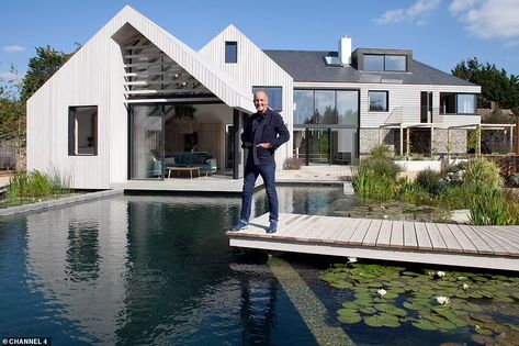 Grand Designs couple build their dream 'floating' home over a swampy pond | Daily Mail Online Grand Designs Uk, Natural Swimming Ponds, Architectural Designer, Structural Insulated Panels, 1930s House, Swimming Pond, Natural Swimming Pool, Floating House, Chichester