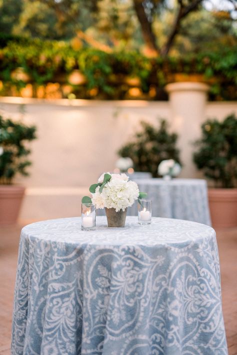 Hydrangea Cocktail Table Centerpiece, Blue Tablecloths Wedding, Dusty Blue Table Cloth, Dusty Blue Tablecloth Wedding, Dusty Blue Cocktail Table, Blue And White Cocktail Table, Watercolor Wedding Decor, Blue Table Cloths Wedding, Blue Tablecloth Wedding