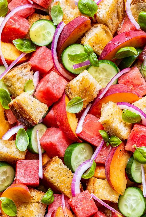 Barbecue Salad, Salad Watermelon, Panzanella Salad Recipe, Pesto Salmon, Grilled Bruschetta, Greek Lemon Chicken, Panzanella Salad, Peach Salad, Vegetarian Main Dishes