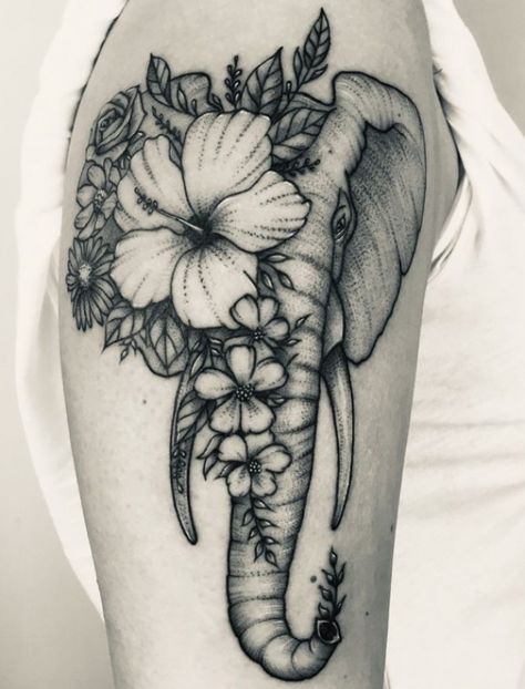 Flower Elephant Tattoo, Elephant With Flowers Tattoo, Elephant Shoulder Tattoo, Mandala Elephant Tattoo, Tattoos Architecture, Exotic Tattoos, Animals Tattoos, Rose Shoulder Tattoo, Tattoo Dotwork