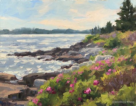 Plein air landscape painting of coastal Maine Lane's Island Maine Landscape Paintings, Coastal Acrylic Paintings, February Moodboard, Vinalhaven Maine, Maine Painting, Maine Coastline, Acrylic Inspiration, Rockland Maine, Maine Artist