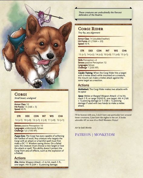 original credits to MonkeyDM (instagram) Dnd Animals 5e, Dnd Familiar Ideas, Cute Dnd Creatures, D&d Pets, Dnd Pets Art, Dnd 5e Dog Race, Dnd Pet Companion, Moss Kitten Dnd, D&d Animal Companions