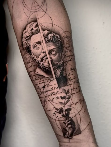 Men’s Forearm Tattoos Greek, Greek Realism Tattoo, Roman Art Tattoo, Janus Tattoo, Scientific Tattoo, Detailed Tattoos, Leg Band Tattoos, Roman Tattoo, Alchemy Tattoo