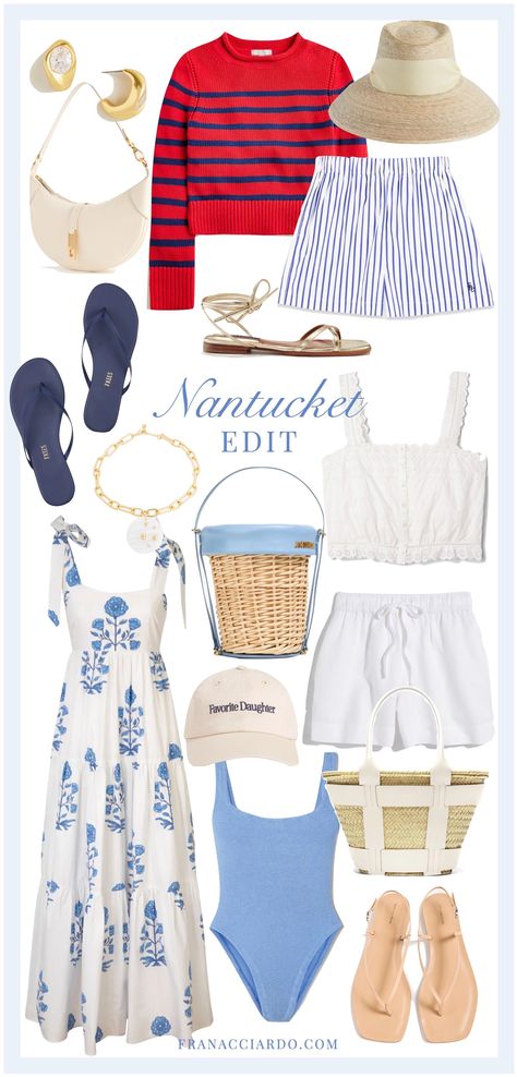 fran acciardo nantucket edit, summer wardrobe, packing wishlist Maine Clothing Aesthetic, Cape Cod Packing List, Crab Feed Outfit, East Coast Mom Aesthetic, French Coastal Style Clothes, Bar Harbor Maine Aesthetic Outfits, Nantucket Outfit Aesthetic, Cape Cod Clothing Style, Nantucket Aesthetic Outfits