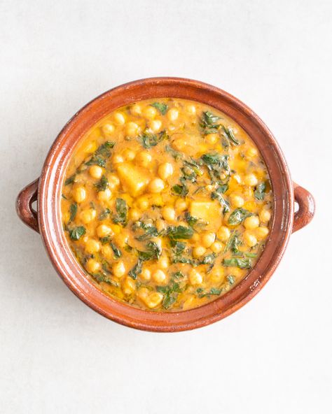 Potaje de Garbanzos (Spanish Chickpea, Potato & Spinach Stew) - Hermann Chickpea Potato, Spanish Stew, Spinach Stew, Potato Spinach, Chickpea Stew, Using A Pressure Cooker, Weekend Meals, Animal Protein, Garbanzo Beans