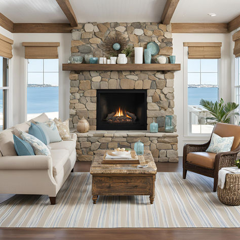 Transform your space with a coastal-inspired living room featuring a stunning stone fireplace. Adorned with beachy hues and coastal accents like driftwood, seashells, and nautical decor. Perfect for a serene seaside vibe! 🌊 #CoastalLivingRoom #StoneFireplace #BeachDecor #NauticalStyle Modern Beach Living Room, Coastal Fireplace Ideas, Coastal Fireplace, Beach Living Room, Nautical Inspiration, Coastal Colors, Coastal Living Room, Modern Beach, Beach Living