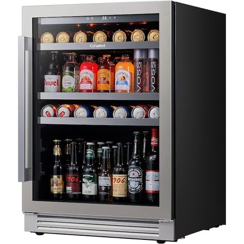 Ca'Lefort 24-in W 220-Can Capacity Stainless Steel Built-In/Freestanding Beverage Refrigerator with Glass Door in the Beverage Refrigerators department at Lowes.com Wine Credenza, Beer Refrigerator, Glass Door Refrigerator, Inside Bar, Booze Drink, Beverage Coolers, Refrigerator Cooler, Under Counter Fridge, Beer Fridge