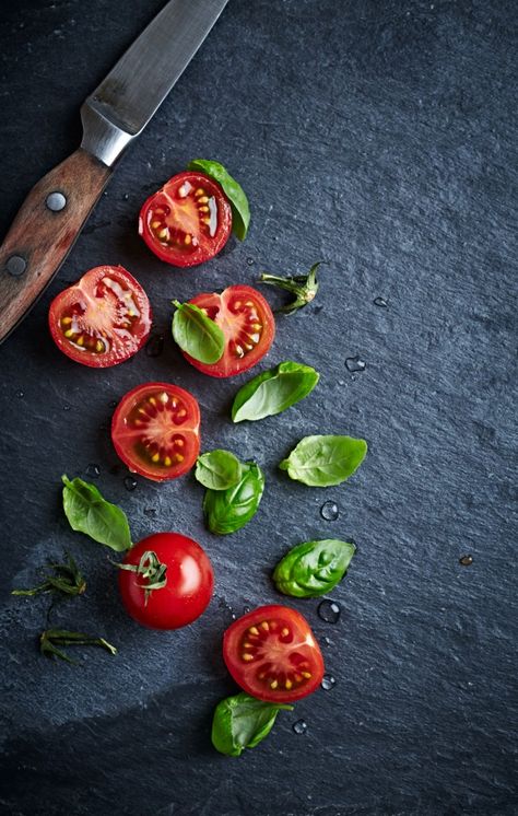 Dark Food Photography, Food Art Photography, Small Tomatoes, Eggplant Parmesan, Fruit Photography, Food Backgrounds, Basil Leaves, Italian Dishes, Classic Food