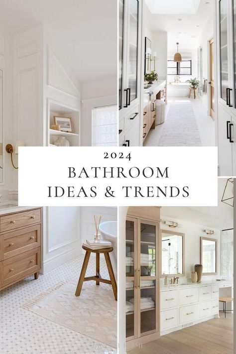 2024 Bathroom Trends and Design Ideas for Master Bathrooms and Small Baths – jane at home Nantucket Bathroom Design, Beach House Powder Room Ideas, Coastal Minimalist Bathroom, White And Wood Bathroom Decor, Beach Half Bathroom Ideas, White Cabinets Bathroom Ideas, White Cabinets In Bathroom, Off White Bathrooms, Coastal California Bathroom