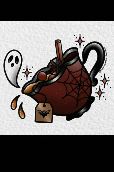 Gothic Tea Cup Tattoo, Buddhist Symbols Tattoos, Tattoo Ideas Pretty, Halloween Cider, Cute Horror Tattoo, Tattoos Egyptian, Halloween Tattoo Designs, Tattoos Christian, Partner Tattoo