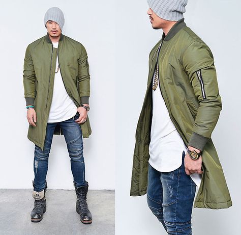 Mens Outwear, Streetwear Outfit Ideas, Long Flight, Men Photoshoot, Swag Men, Clothing Fabric, B Fashion, Sharp Dressed Man, Flight Jacket