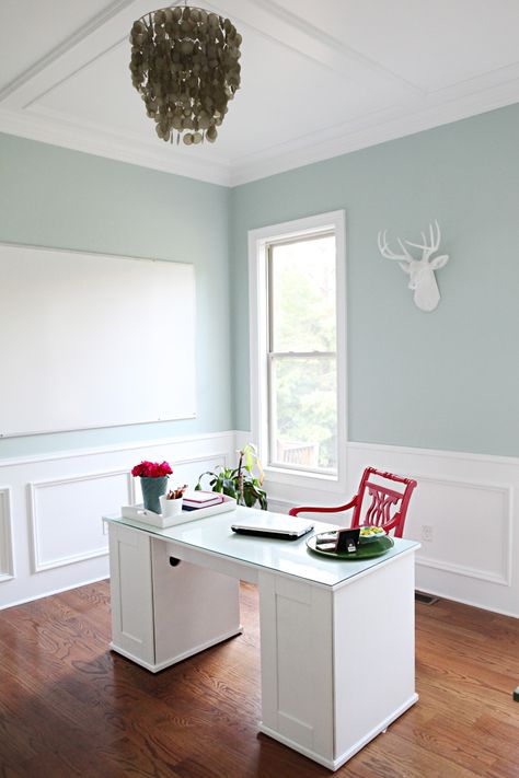 Benjamin Moore Palladian Blue  My FAVORITE wall color! Via Bower Power Paint Colors For Office, Benjamin Moore Palladian Blue, Palladian Blue Benjamin Moore, Palladian Blue, Office Paint Colors, Interior Paint Colors Schemes, Room Paint Colors, Interior Paint Colors, Blue Living Room