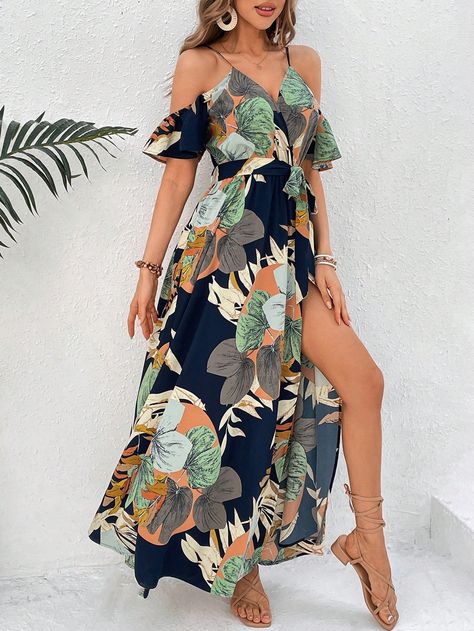 Multicolor Bohemio Collar manga corta Tela tricotada Tropical A línea Embellished No-Elástico Caribbean Cocktail Dress, Women Tropical Outfits, Havana Outfit, Tropical Dress Outfit, Havana Nights Dress, Tropical Outfits, Stylish Tunic Tops, Pool Party Dresses, Side Split Dress