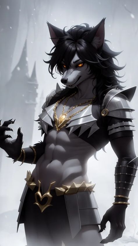 The image is of a muscular werewolf with long black hair and yellow eyes. He is wearing a silver and gold colored armor and has a chain around his neck with a golden amulet. He is standing in a snowy forest and is looking at the viewer with a fierce expression. Muscular Werewolf, Anime Muscular, Therian Wolf, Fierce Expression, Wolf Shifter, Werewolf Art, Wolf Love, Snowy Forest, Long Black Hair