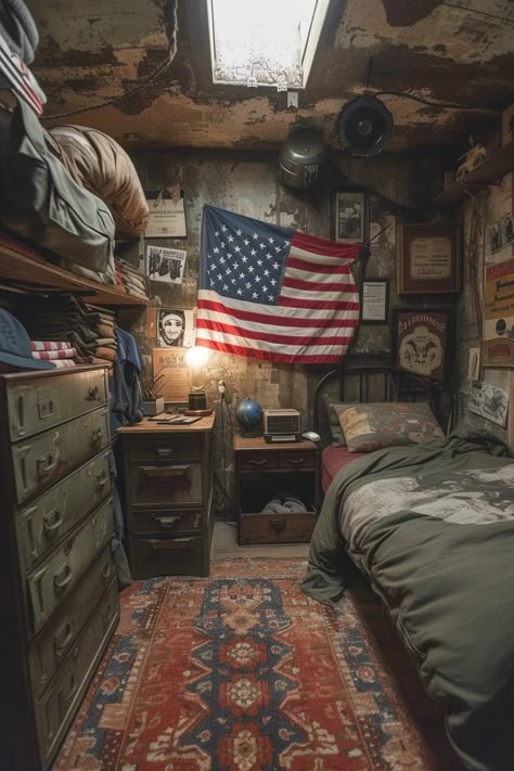 Bunker Bedroom Ideas, Cluttered Aesthetic Room, Fallout Bedroom Ideas, College Dorm Guys, Vintage Hunting Boys Room, Aesthetic Men Room, Apocalypse Bedroom, Army Room Decor Aesthetic, Prepper Room