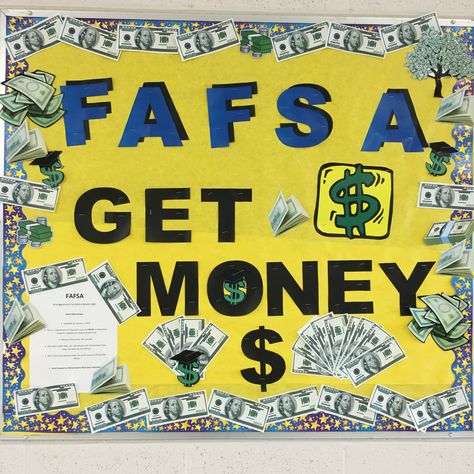 FAFSA bulletin board for high school counseling office Fafsa Bulletin Board Ideas, School Counselor Bulletin Boards High School, College Bulletin Boards High School, Career Center Bulletin Boards, High School Career Center Decor, Career Bulletin Boards High School, College Advisor Office Decor, Career Readiness Bulletin Board, High School Counselor Office Decor