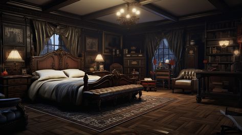 At the middle room. Has a study and reading corner to accommodate him during his stay. Salvatore House, Aesthetic Settings, Salvatore Boarding House, Royal Bedroom, Haunting Adeline, Room Dark, House Bloxburg, Concept Ships, Reading Corner