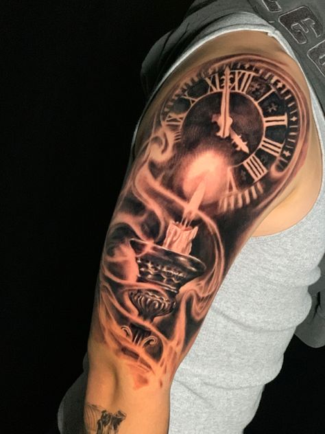 Time Sleeve Tattoo For Men, In Memoriam Tattoo, Orthodox Tattoos, Time Clock Tattoo, Scott Tattoo, Realistic Tattoo Ideas, Time Piece Tattoo, Pocket Watch Tattoo Design, Nautical Tattoo Sleeve