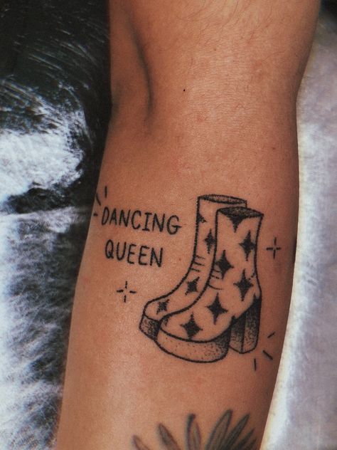 Angel Eyes Tattoo Abba, Dancing Queen Tattoo Mamma Mia, Disco Tattoo Ideas, Mamma Mia Inspired Tattoo, Nostalgia Tattoo Ideas, High School Musical Tattoo, Music Aesthetic Tattoo, Song Inspired Tattoos, Musical Theatre Tattoo