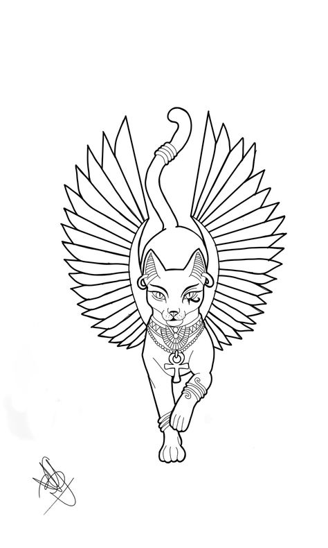 Egyptian Tattoo Stencil, Eygptain Tattoos Design, Bastet Goddess Tattoo, Bastet Tattoo, Egyptian Cat Tattoos, Bastet Goddess, Egyptian Drawings, Timeless Tattoo, Hip Thigh Tattoos