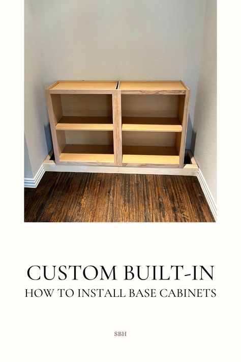 Custom Built-In: How to Install Base Cabinets - diy and home improvement Installing Base Cabinets, How To Use Wall Cabinets As Base Cabinets, Diy Lower Cabinets, Diy Cabinet Installation, How To Install Base Cabinets, How To Build Custom Cabinets, Diy Built In Storage Cabinets, Diy Base Cabinets How To Build, How To Build A Cabinet