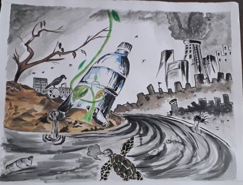 Trash In Water Drawing, Environmental Pollution Drawing Sketch, Plastic Free World Drawing, Poster On Beat Plastic Pollution, Water Pollution Sketch, Stop Plastic Pollution Drawing, Water And Air Pollution Drawing, Air Pollution Drawing Competition, Polluted Water Drawing