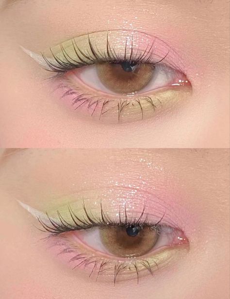 Sage Green And Pink Eye Makeup, Twice Fashion Casual, Pink And Mint Makeup, Sage Green And Pink Makeup, Pink And Green Eye Makeup, Pink And Green Eyeshadow Looks, Soft Pastel Makeup, Green And Pink Makeup, Pink Flower Makeup