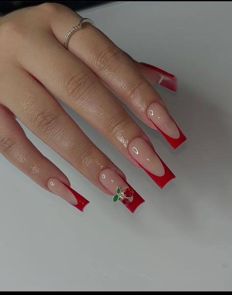 Red Acrylics With Design, Valentine's French Tip Nail Designs, Cute Red French Tip Nails, Red Square French Tip Nails, Red French Nails Square, Red Nail Designs Square, Red French Nail Designs, White And Red Nails Ideas, Square Acrylic Nails Red