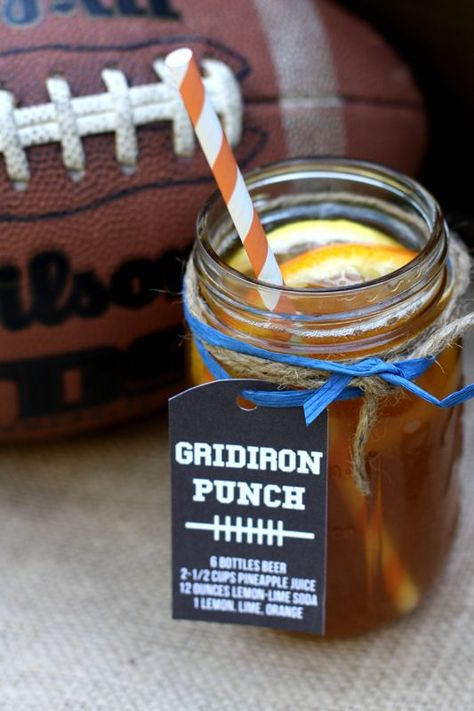 GRIDIRON PUNCH  6 bottles beer 2 ½ cups pineapple juice 12 ounces lemon-lime soda Lemon, lime, and orange for garnish Serves 6 Football Appetizer Recipes, Tailgating Drinks, Tailgate Drinks, Football Foods, Tailgating Food, Tailgate Ideas, Tailgating Ideas, Football Party Ideas, Party Bowls