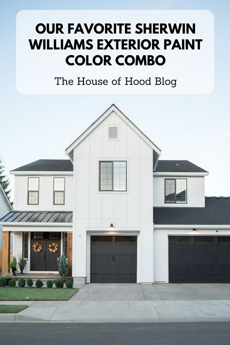 We are sharing our favorite combo for exterior paint to get the farmhouse look. Sherwin Williams Pure White with Tricorn Black accents give our home the perfect modern farmhouse feel! Pure White is the perfect white and we've tried a lot! #purewhite #sherwinwilliams #tricornblack #farmhousepaint #paintcolors #bestpaintcolors #modernfarmhouse Sherwin Williams Pure White, Sherwin Williams Exterior Paint Colors, Farmhouse Exterior Paint Colors, White Home Exterior, White Farmhouse Exterior, Tricorn Black, White Exterior Paint, Paint Color Combos, White Exterior Houses