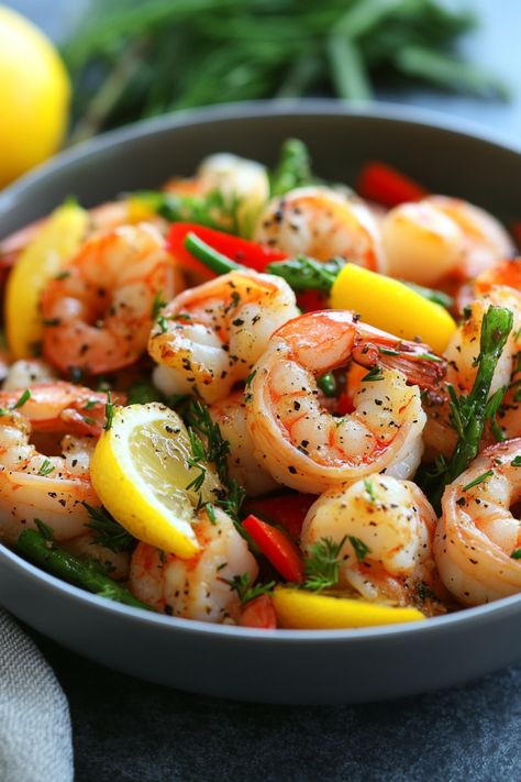 Shrimp salad with lemon slices, herbs, and vegetables in a gray bowl. Healthy Shrimp Pasta Dinner, Grilled Shrimp And Pasta Recipes, Shrimp Pasta Meal Prep, Shrimp Recipes Pasta Healthy, Easy Shrimp Dishes, Shrimp Recipe Ideas, Shrimp Pasta Photography, Best Shrimp Recipe, Shrimp Dinner Ideas