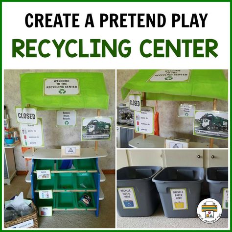 Recycling Role Play Area, Recycling Study Preschool, Dramatic Play Recycling Center, Garbage Truck Dramatic Play, Recycle Dramatic Play Preschool, Recycling Dramatic Play, Creative Curriculum Recycling Study, Reduce Reuse Recycle Dramatic Play, Recycling Unit Preschool