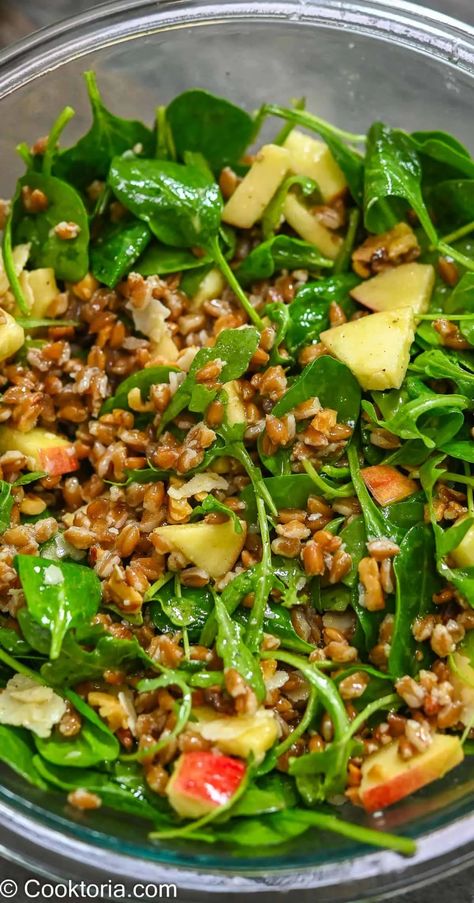 This Farro Salad with Apple and Arugula is full of crisp apples, tender greens, nutty Parmesan, and toasted nuts. The tangy dressing goes perfectly with the delicious grains. Bluezone Recipes, Farro Salads, Farro Recipes, Salad With Balsamic Dressing, Grain Recipes, Beef Barley Soup, Salad Salad, Simple Vinaigrette, Vegan Salads