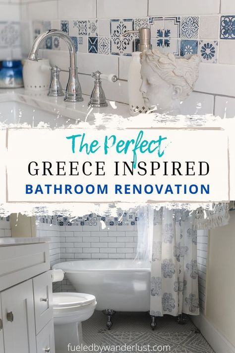 If you are dreaming of Greece inspired interiors in your home, you'll love a peek inside our recent bathroom reno.  The blue domes of Santorini, Greece inspired our complete bathroom renovation.  Here are the best tips, colors, and products to add Greece vibes to your beautiful house! Santorini Inspired Bathroom, Santorini Bathroom Ideas, Greek Bathroom Ideas, Greece Inspired Bathroom, Santorini House Interior, Greek Style Bathroom, Santorini Bathroom, Greece Bathroom, Greek Bathroom