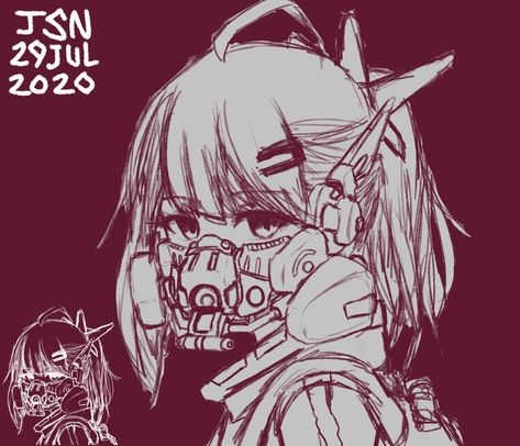 burgundy drawing of a manga girl wearing a gas mask Drawing Masks Character Design, Person With Mask Drawing, Gas Mask Drawing Reference, Gas Mask Character Design, Gas Mask Character, Mask Drawing Reference, Anime Gas Mask, Gas Mask Drawing, Decora Girl