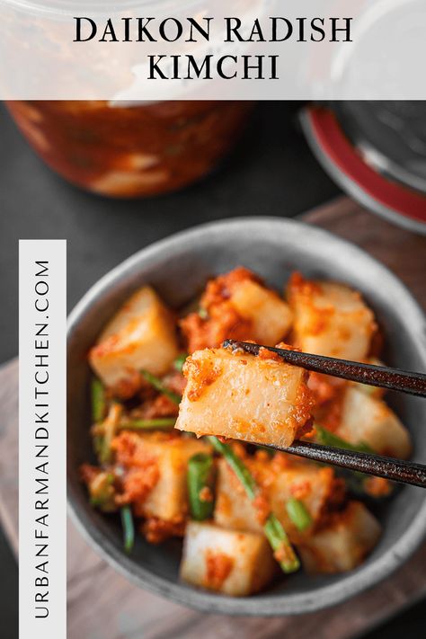 White Radish Kimchi Recipe, Korean Radish Banchan, Kimchi Radish Recipe, Chinese Radish Recipes, Daikon Kimchi Recipe, Korean Radish Kimchi Recipe, Kkakdugi Recipe, Radish Kimchi Recipe, Kimchi Easy