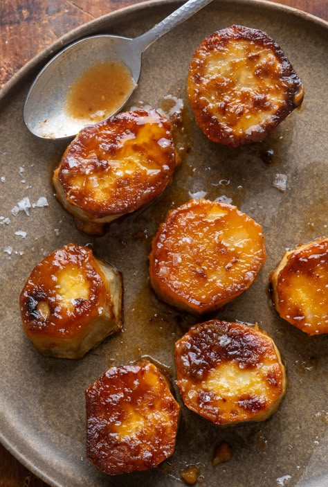 Miso Glazed Melting Sweet Potatoes - Wandering Chickpea Sweet Potato Aesthetic, Melting Sweet Potatoes, Wandering Chickpea, Japanese Sweet Potatoes, Vegetarian Japanese, Orange Sweet Potatoes, Sweet Potato Recipe, Miso Glaze, Japanese Sweet Potato