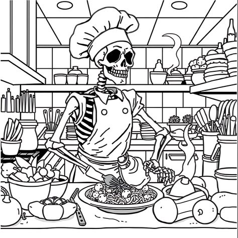 Skeleton Chef Cooking in the Kitchen (free printable PDF black-and-white line drawing coloring page suitable for all, from beginners to advanced learners, including children, teens, adults, and seniors) Skeleton Coloring Pages, Skeleton Warrior, Free Poster Printables, Cooking In The Kitchen, Flamingo Color, Traditional Japanese Architecture, Monster Coloring Pages, Animal Skeletons, Gothic Castle