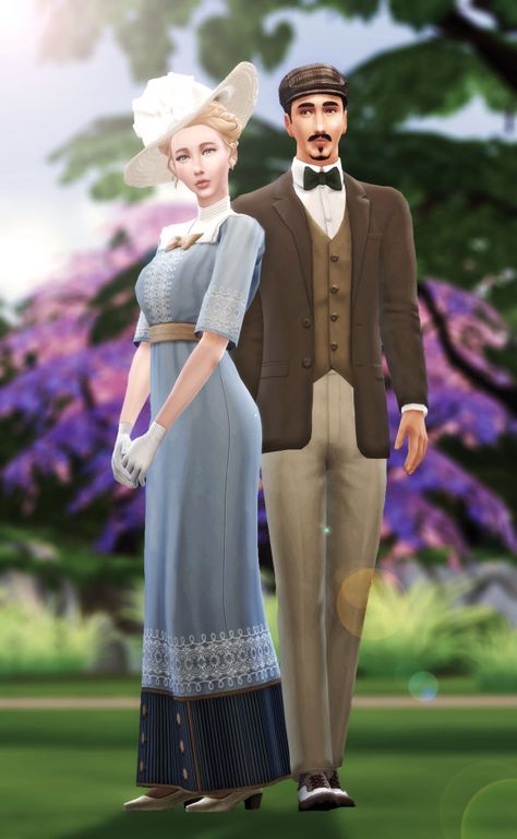 Sims 4 1910s Cc, 10s Dress, Edwardian Couple, 1890 Dress, 1910 Dress, 1900 Dress, Blush Hair, Sims 4 Decades Challenge, Edwardian Hairstyles