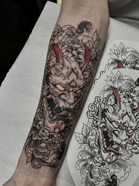 Dragon Tattoo Forearm, Demon Dragon, Oni Mask Tattoo, Dragon Tattoo Sketch, Oni Tattoo, Puzzle Tattoos, Tattoo Japanese Style, Unique Tattoos For Men, Egyptian Tattoo Sleeve